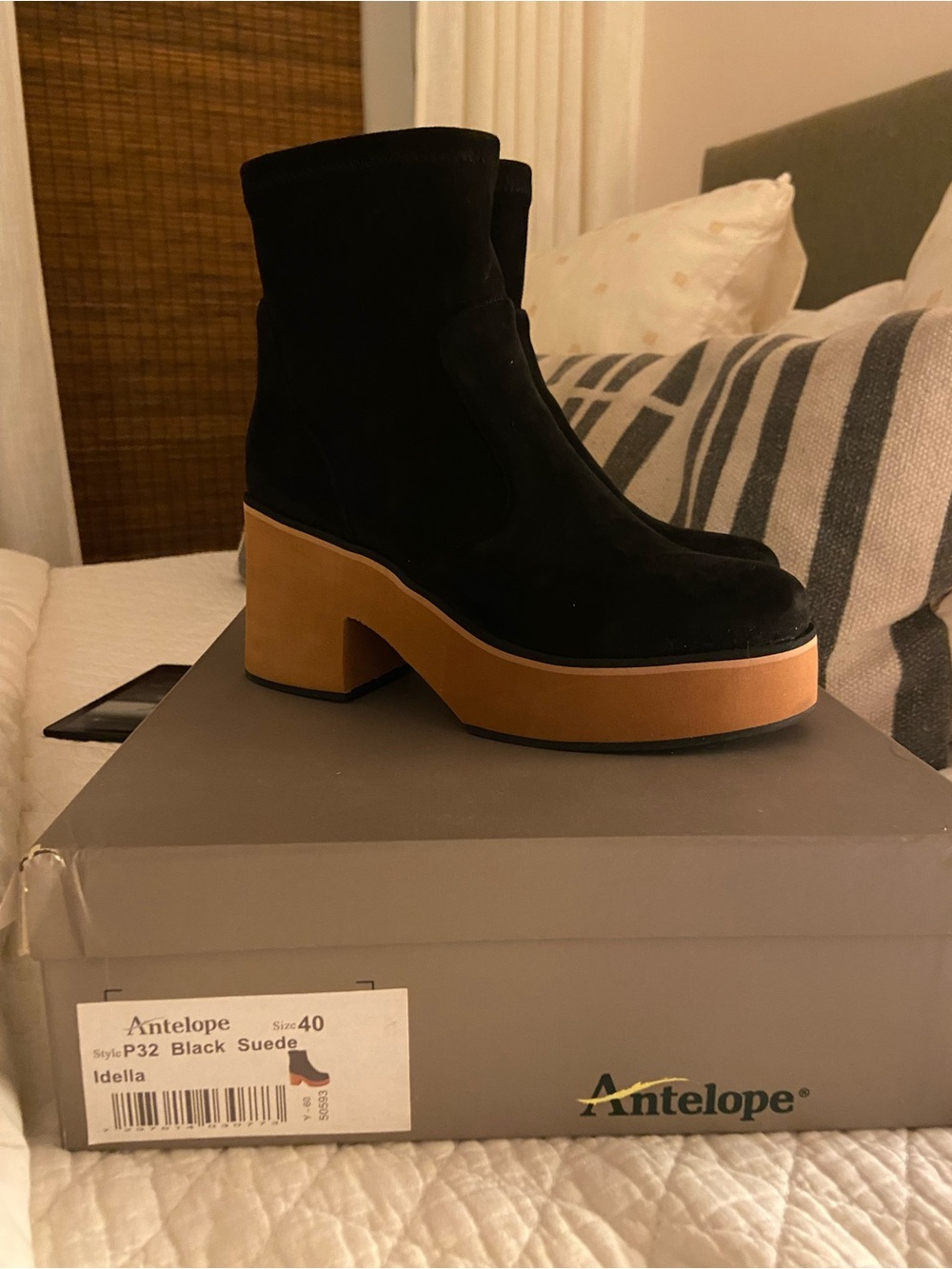 Antelope Black Suede Ankle Boots with Tan Platform